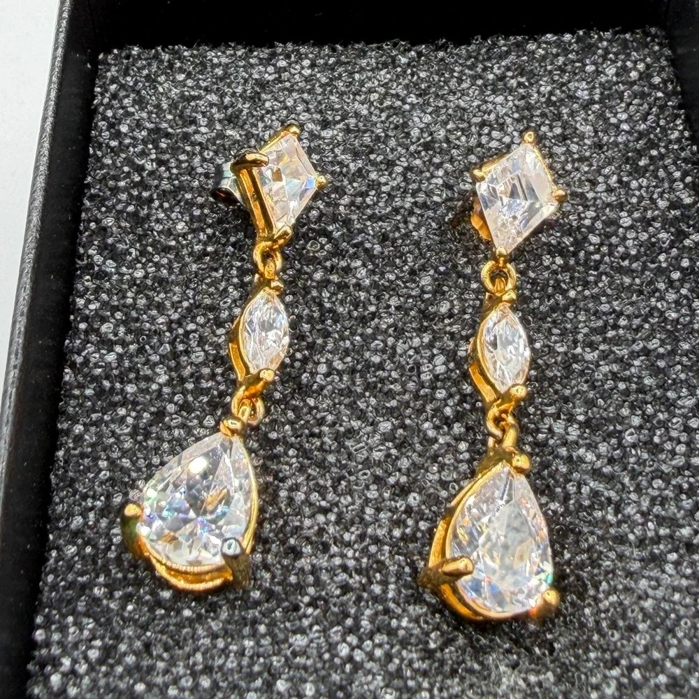 Gold Tone Clear Crystal CZ Long Drop Dangle Earrings Pear Marquise Kite Pierced